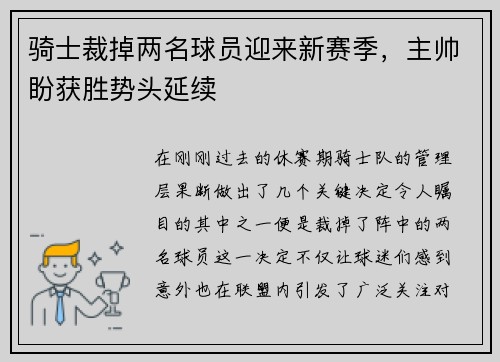 骑士裁掉两名球员迎来新赛季，主帅盼获胜势头延续